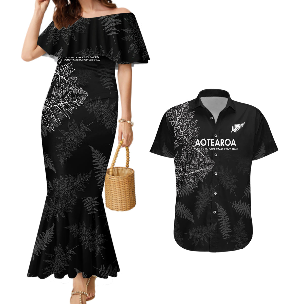 Custom New Zealand Haka Rugby Couples Matching Mermaid Dress and Hawaiian Shirt 2024 Pacific Go Black Silver Fern