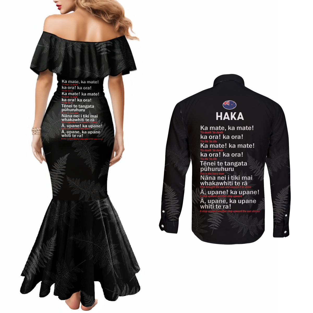 Custom New Zealand Haka Rugby Couples Matching Mermaid Dress and Long Sleeve Button Shirt 2024 Pacific Go Black Silver Fern