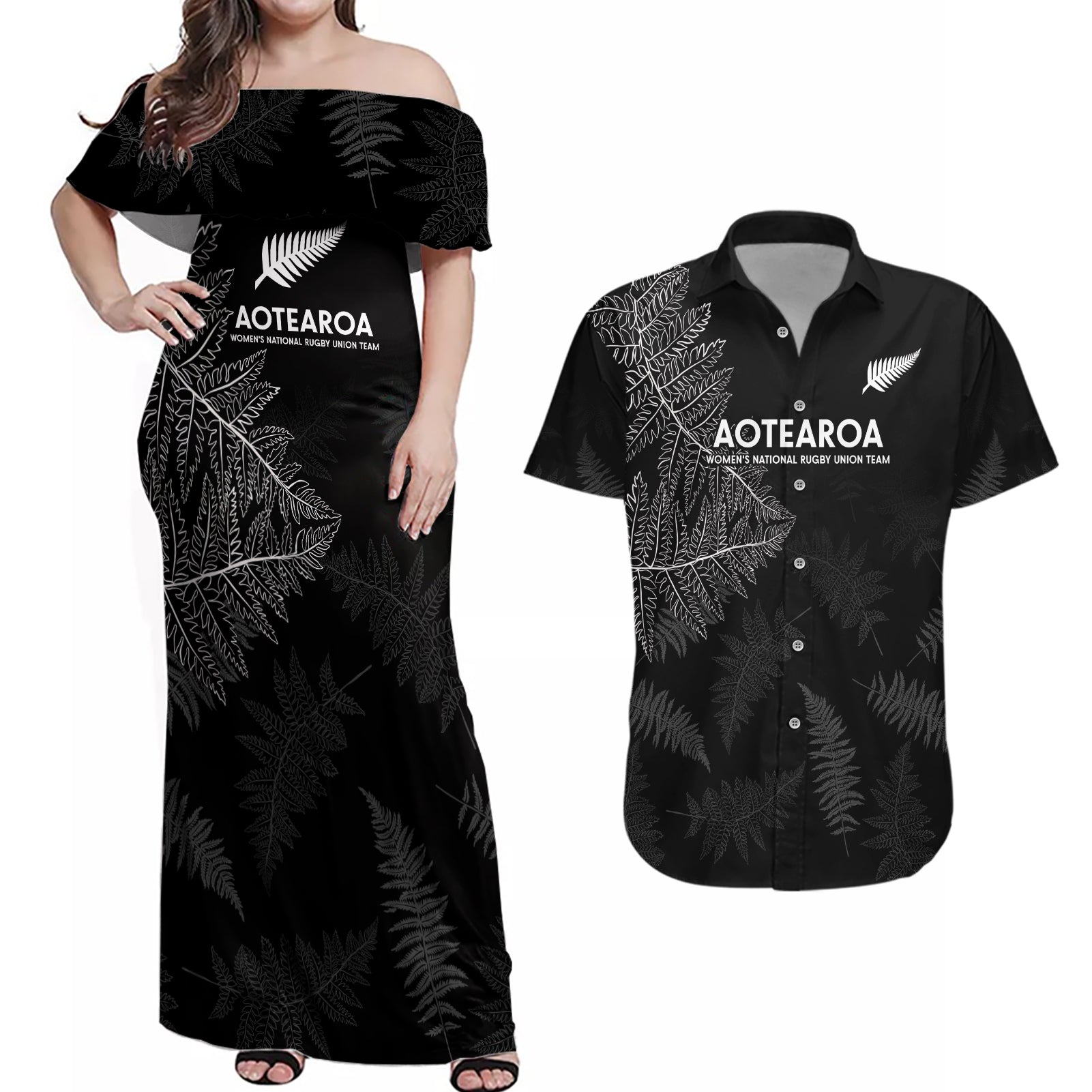 Custom New Zealand Haka Rugby Couples Matching Off Shoulder Maxi Dress and Hawaiian Shirt 2024 Pacific Go Black Silver Fern
