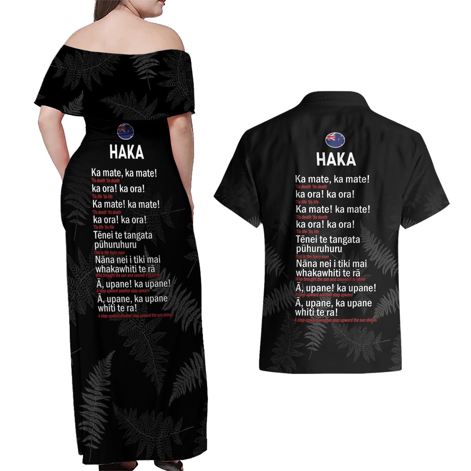 Custom New Zealand Haka Rugby Couples Matching Off Shoulder Maxi Dress and Hawaiian Shirt 2024 Pacific Go Black Silver Fern