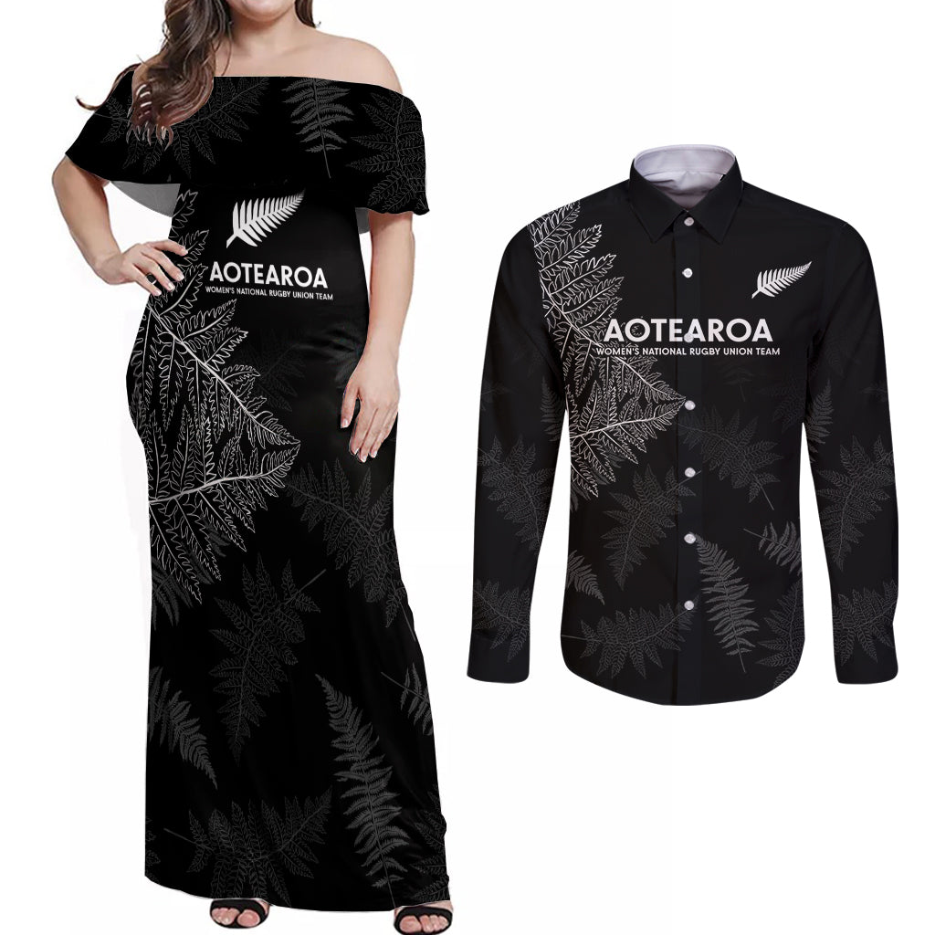 Custom New Zealand Haka Rugby Couples Matching Off Shoulder Maxi Dress and Long Sleeve Button Shirt 2024 Pacific Go Black Silver Fern