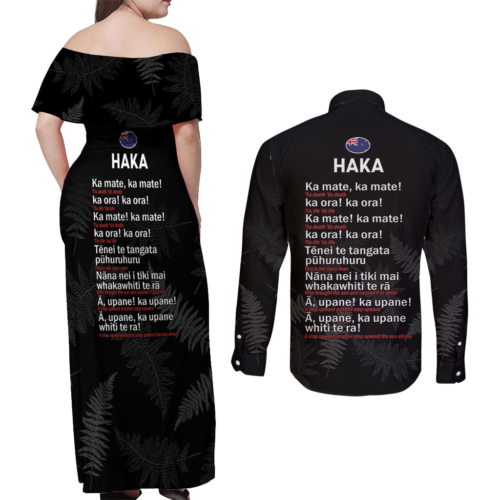 Custom New Zealand Haka Rugby Couples Matching Off Shoulder Maxi Dress and Long Sleeve Button Shirt 2024 Pacific Go Black Silver Fern