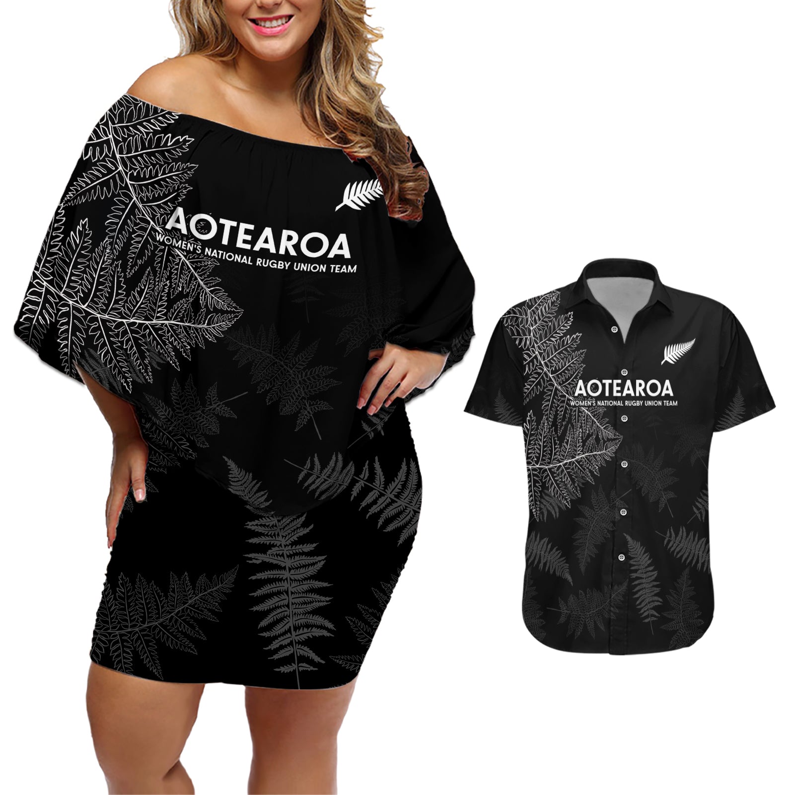 Custom New Zealand Haka Rugby Couples Matching Off Shoulder Short Dress and Hawaiian Shirt 2024 Pacific Go Black Silver Fern