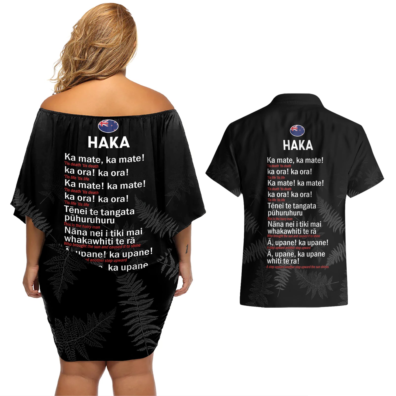 Custom New Zealand Haka Rugby Couples Matching Off Shoulder Short Dress and Hawaiian Shirt 2024 Pacific Go Black Silver Fern