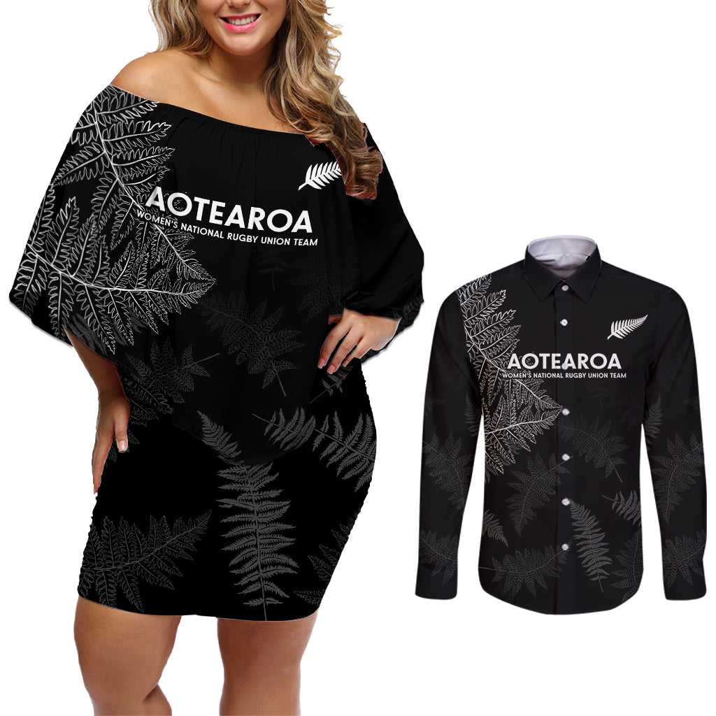 Custom New Zealand Haka Rugby Couples Matching Off Shoulder Short Dress and Long Sleeve Button Shirt 2024 Pacific Go Black Silver Fern