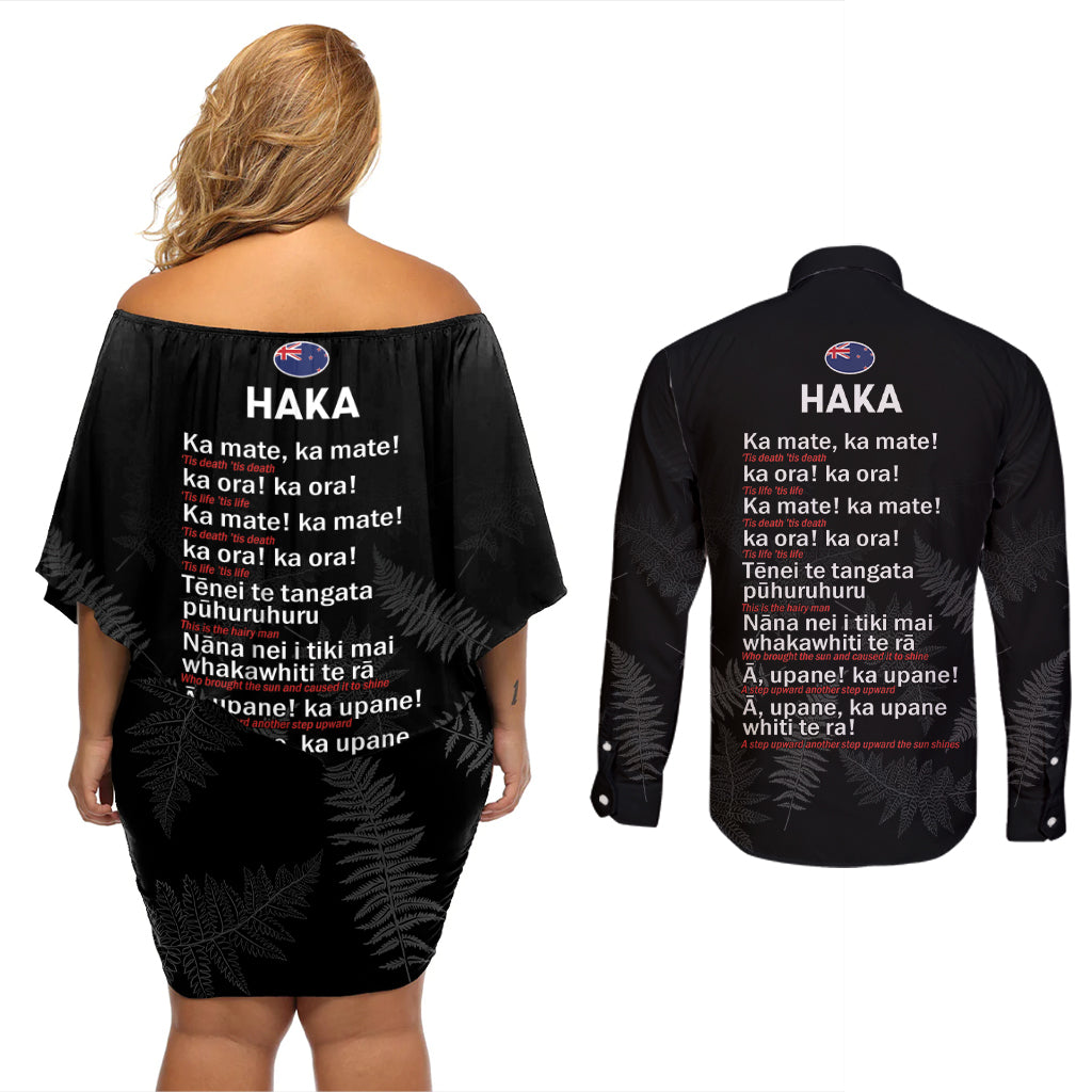 Custom New Zealand Haka Rugby Couples Matching Off Shoulder Short Dress and Long Sleeve Button Shirt 2024 Pacific Go Black Silver Fern