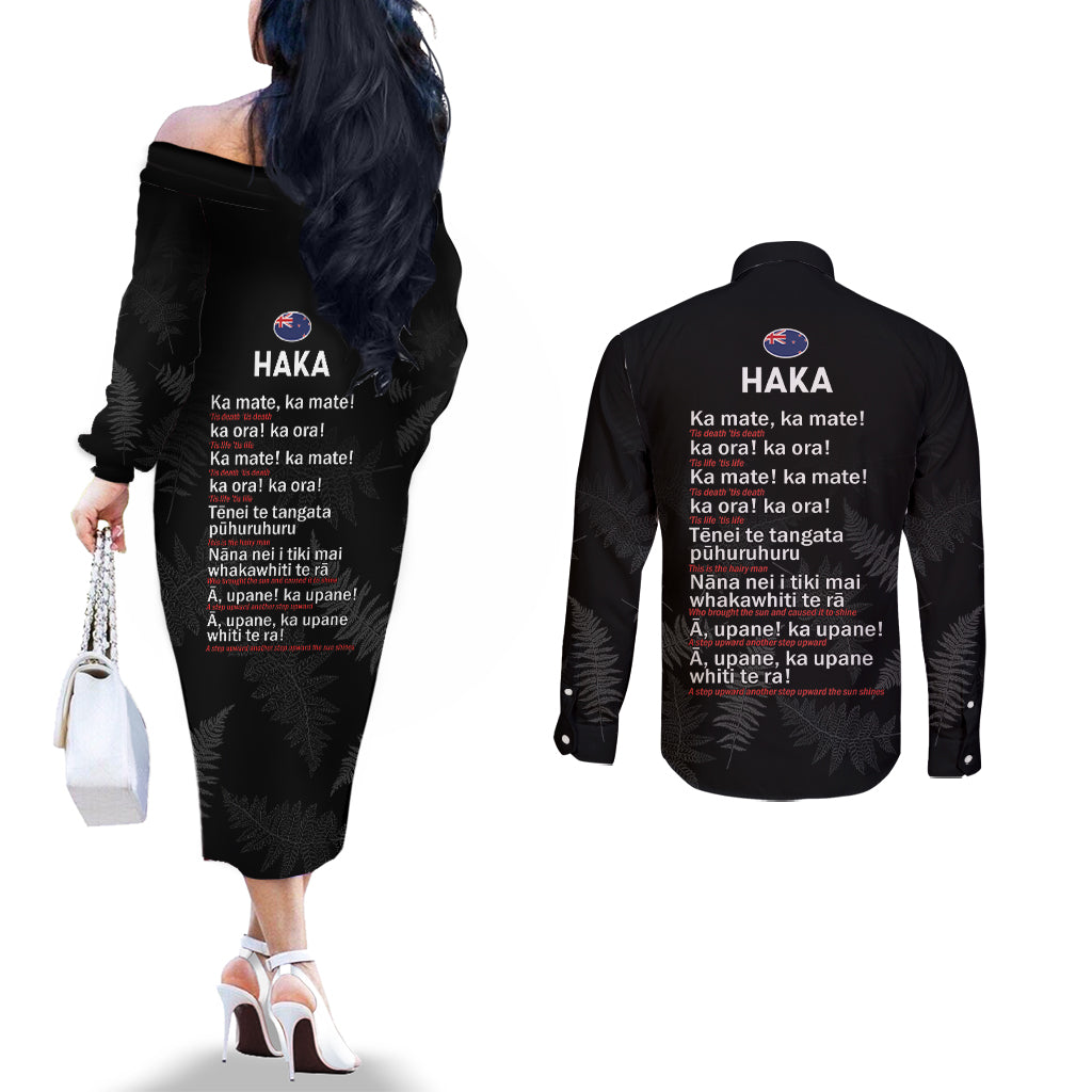 Custom New Zealand Haka Rugby Couples Matching Off The Shoulder Long Sleeve Dress and Long Sleeve Button Shirt 2024 Pacific Go Black Silver Fern