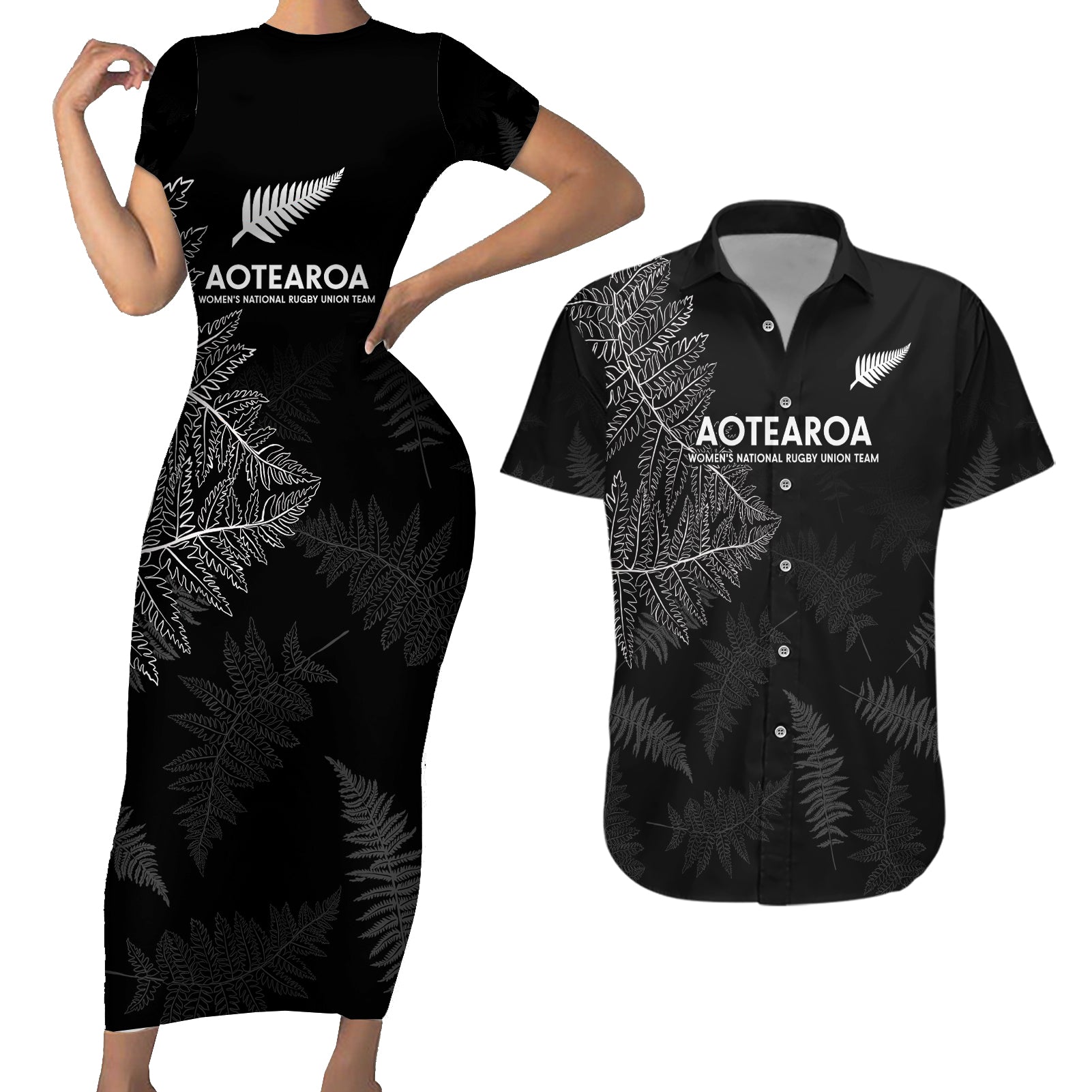 Custom New Zealand Haka Rugby Couples Matching Short Sleeve Bodycon Dress and Hawaiian Shirt 2024 Pacific Go Black Silver Fern