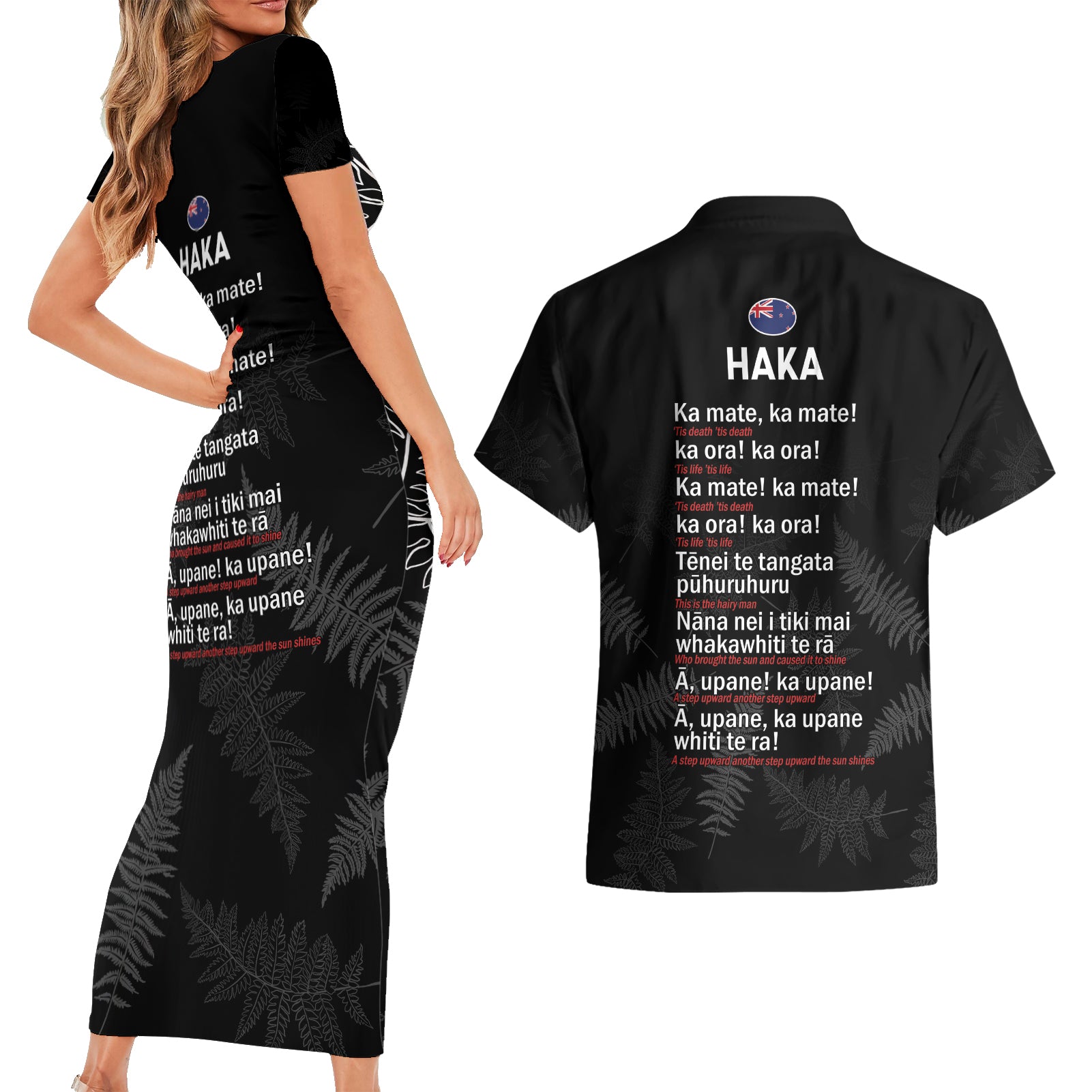 Custom New Zealand Haka Rugby Couples Matching Short Sleeve Bodycon Dress and Hawaiian Shirt 2024 Pacific Go Black Silver Fern