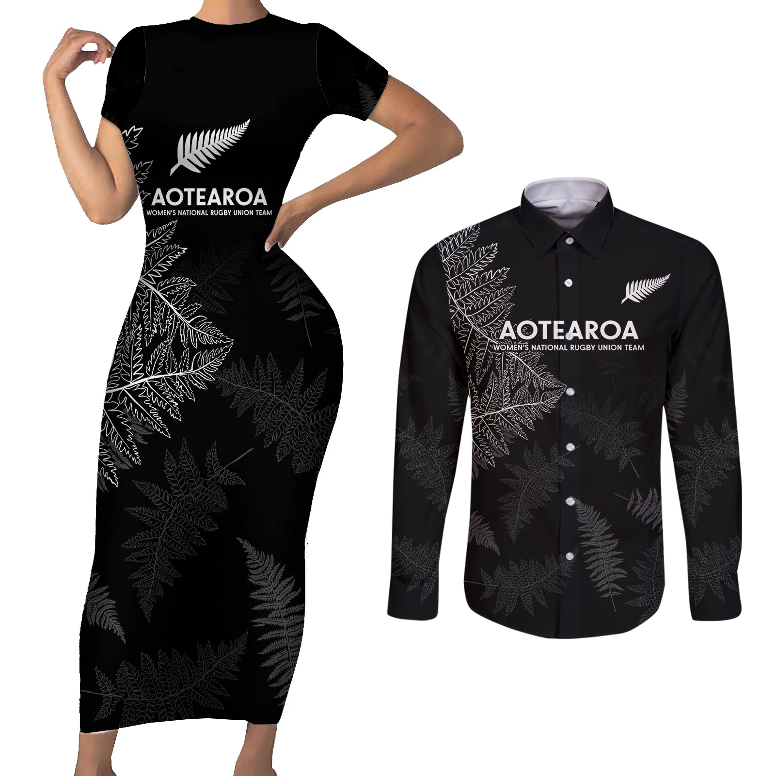 Custom New Zealand Haka Rugby Couples Matching Short Sleeve Bodycon Dress and Long Sleeve Button Shirt 2024 Pacific Go Black Silver Fern