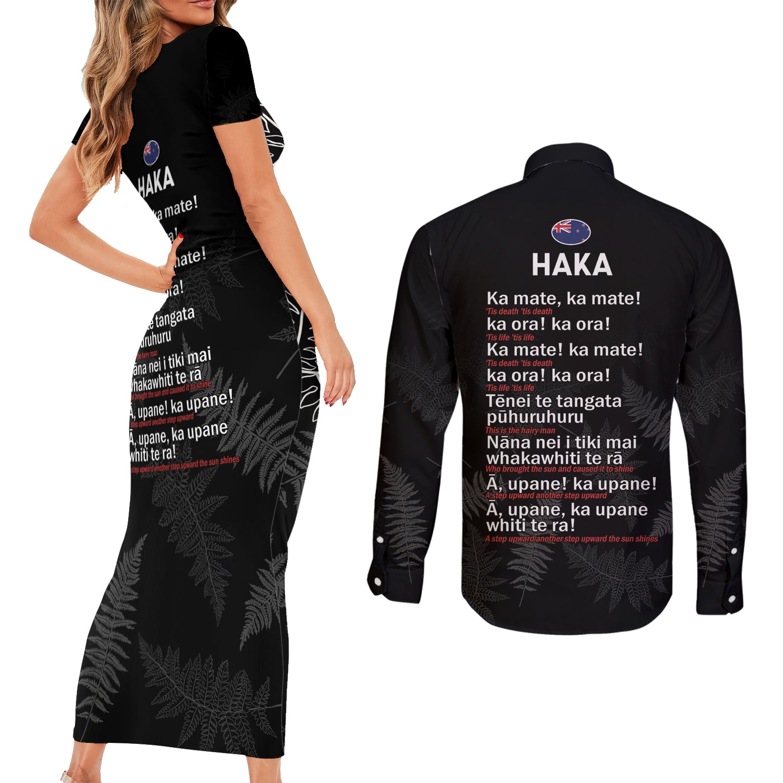 Custom New Zealand Haka Rugby Couples Matching Short Sleeve Bodycon Dress and Long Sleeve Button Shirt 2024 Pacific Go Black Silver Fern