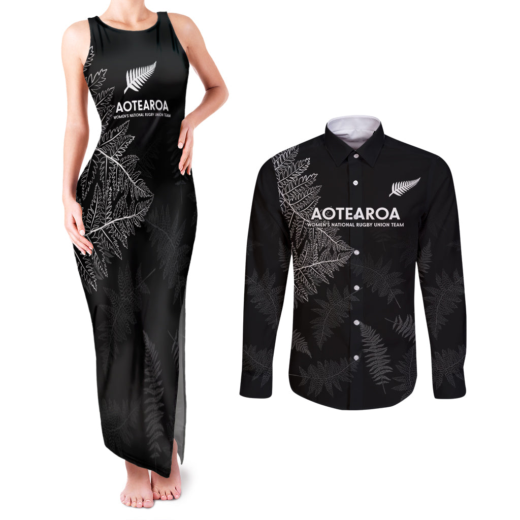 Custom New Zealand Haka Rugby Couples Matching Tank Maxi Dress and Long Sleeve Button Shirt 2024 Pacific Go Black Silver Fern