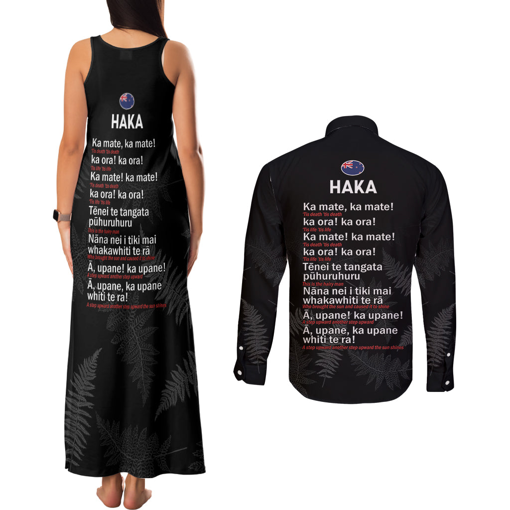 Custom New Zealand Haka Rugby Couples Matching Tank Maxi Dress and Long Sleeve Button Shirt 2024 Pacific Go Black Silver Fern