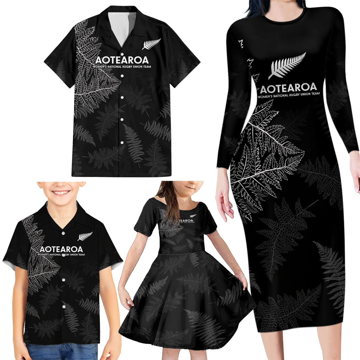 Custom New Zealand Haka Rugby Family Matching Long Sleeve Bodycon Dress and Hawaiian Shirt 2024 Pacific Go Black Silver Fern
