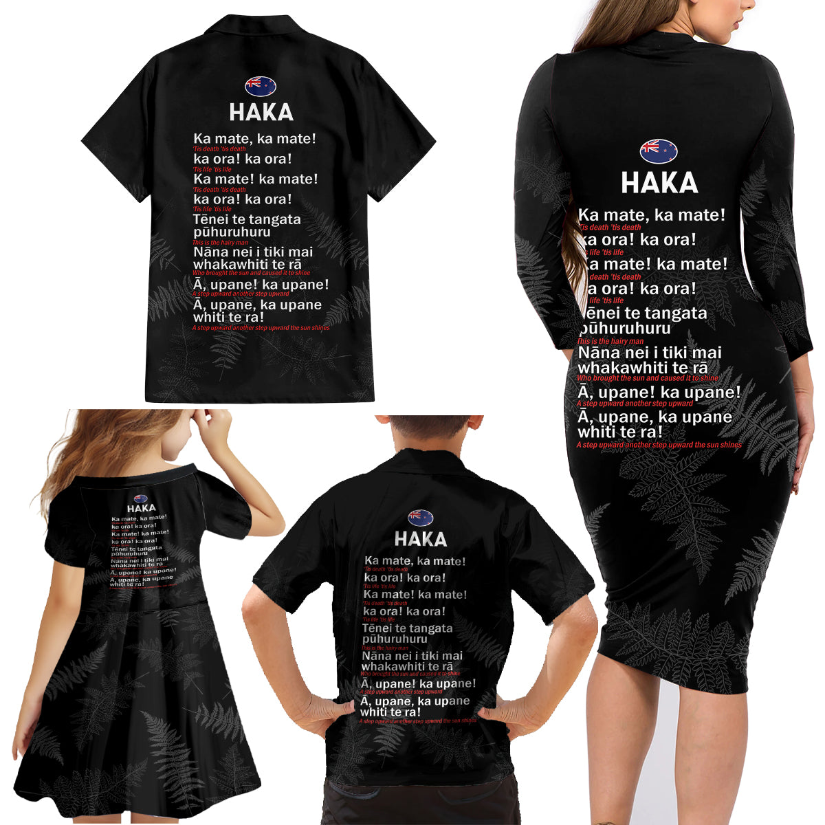 Custom New Zealand Haka Rugby Family Matching Long Sleeve Bodycon Dress and Hawaiian Shirt 2024 Pacific Go Black Silver Fern