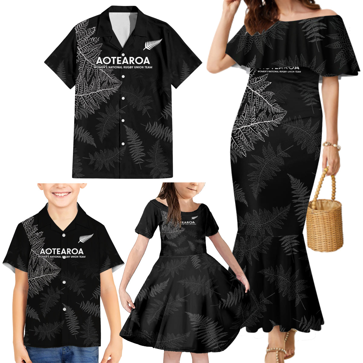 Custom New Zealand Haka Rugby Family Matching Mermaid Dress and Hawaiian Shirt 2024 Pacific Go Black Silver Fern