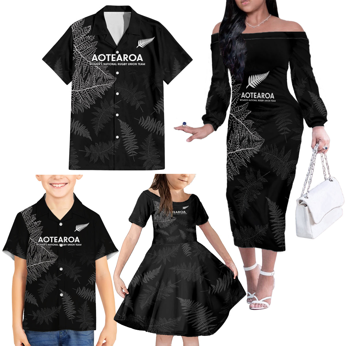 Custom New Zealand Haka Rugby Family Matching Off The Shoulder Long Sleeve Dress and Hawaiian Shirt 2024 Pacific Go Black Silver Fern