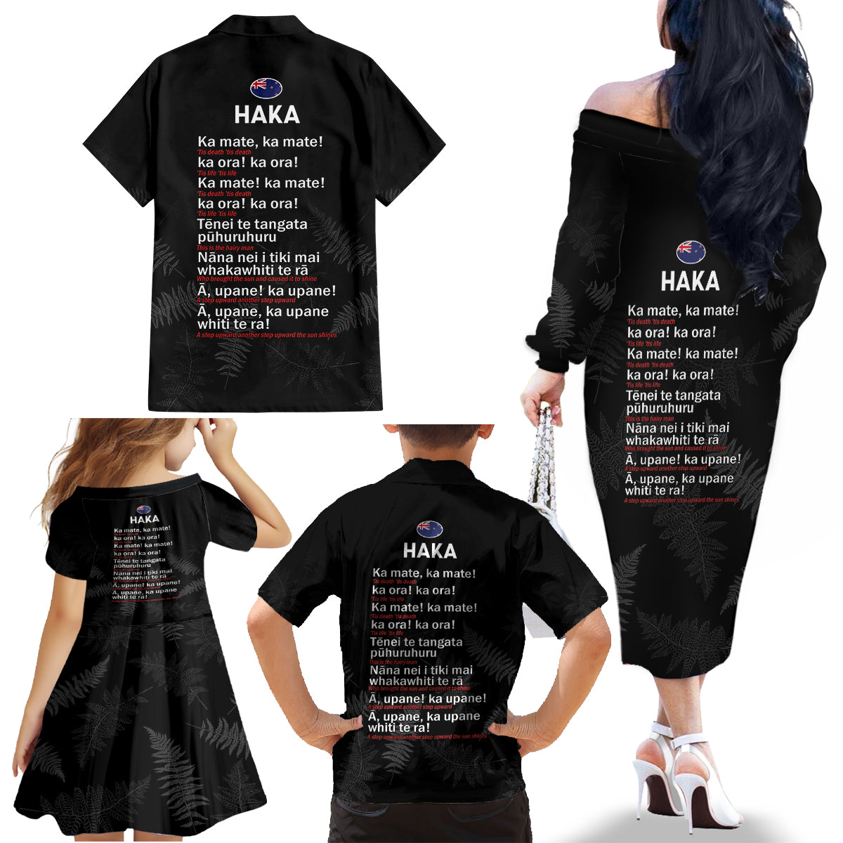 Custom New Zealand Haka Rugby Family Matching Off The Shoulder Long Sleeve Dress and Hawaiian Shirt 2024 Pacific Go Black Silver Fern