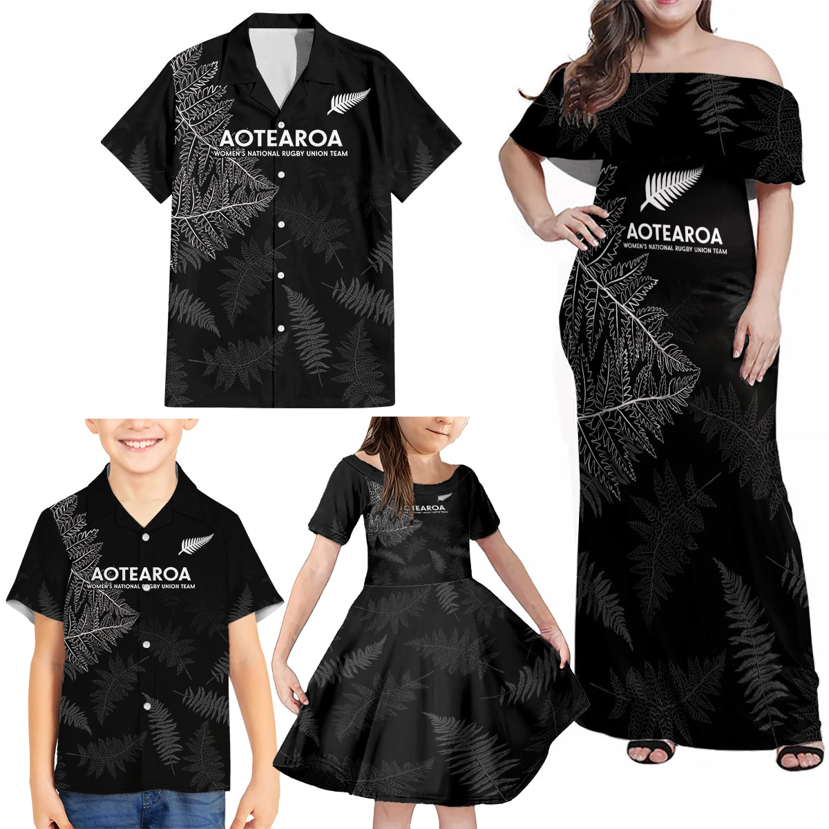 Custom New Zealand Haka Rugby Family Matching Off Shoulder Maxi Dress and Hawaiian Shirt 2024 Pacific Go Black Silver Fern