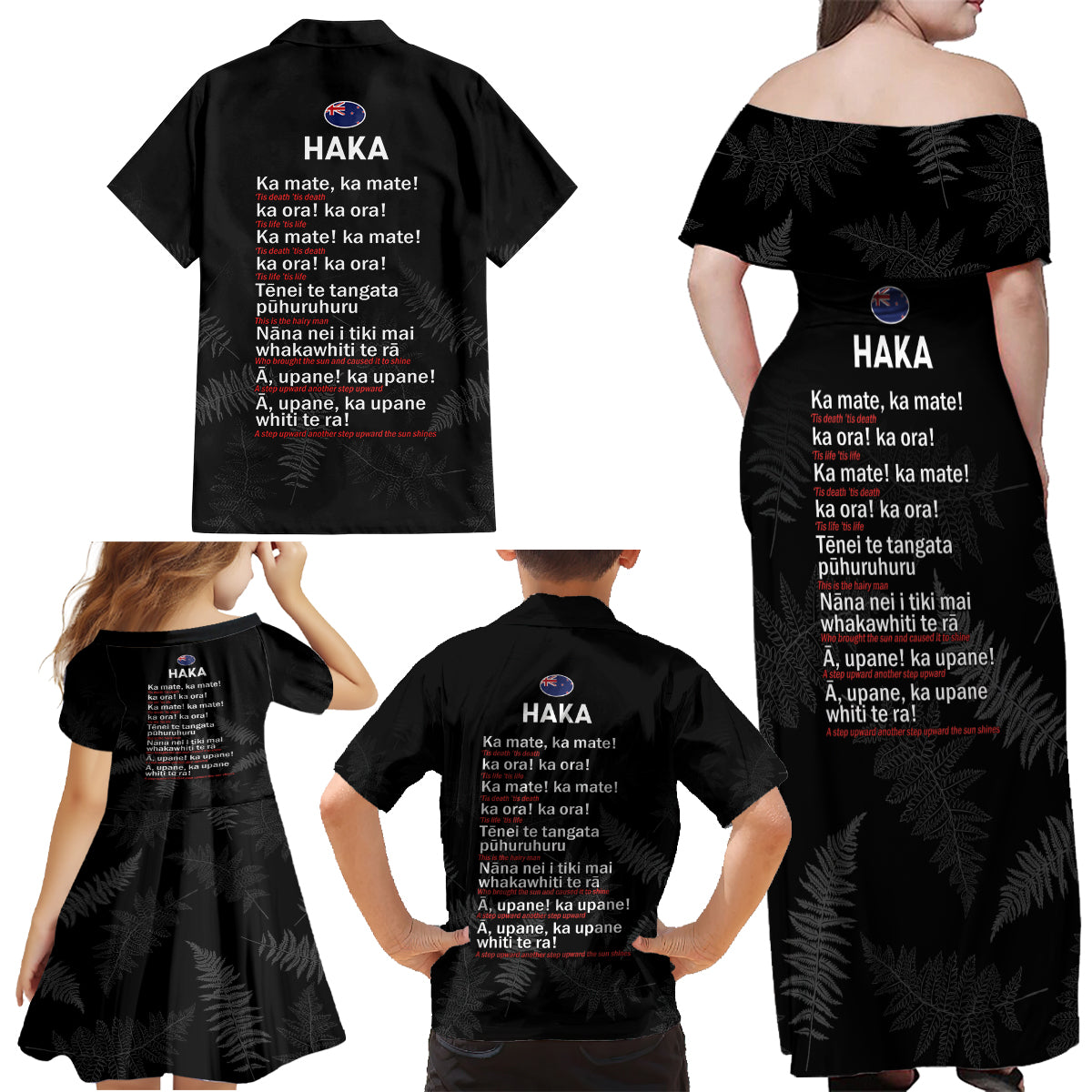 Custom New Zealand Haka Rugby Family Matching Off Shoulder Maxi Dress and Hawaiian Shirt 2024 Pacific Go Black Silver Fern