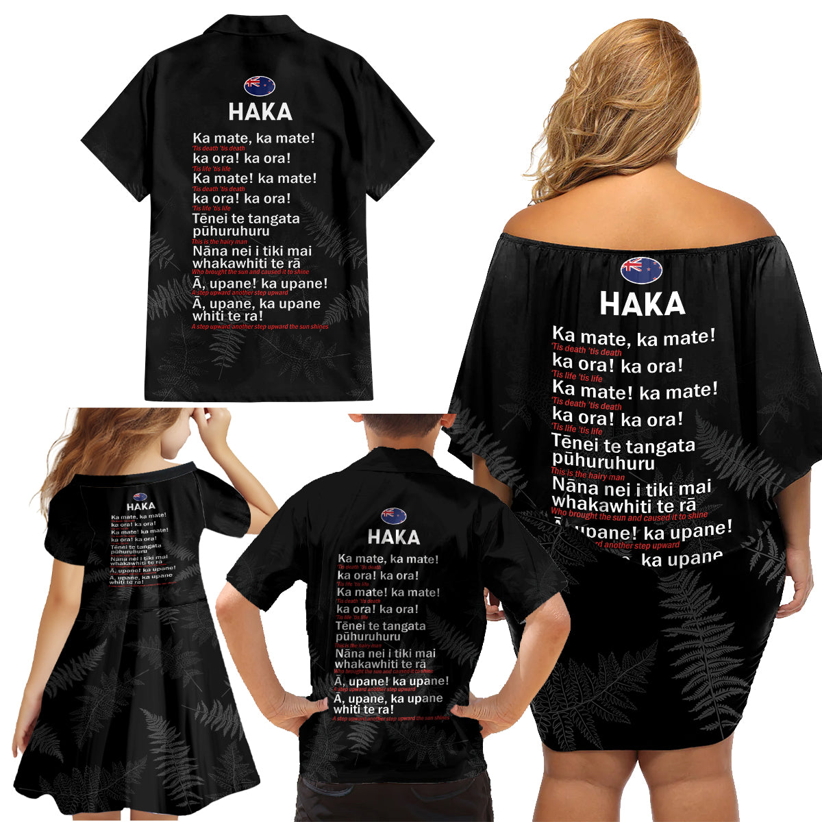 Custom New Zealand Haka Rugby Family Matching Off Shoulder Short Dress and Hawaiian Shirt 2024 Pacific Go Black Silver Fern