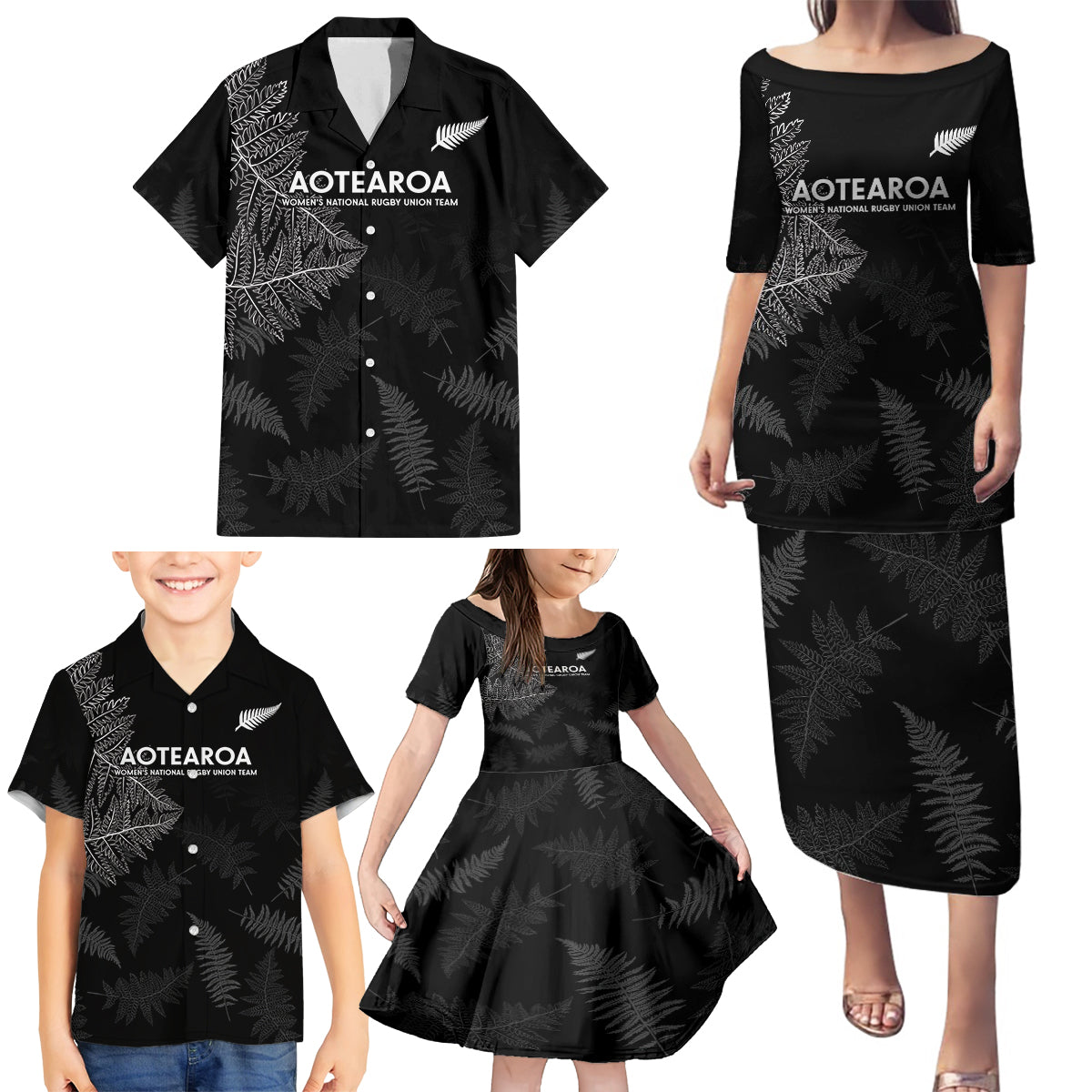 Custom New Zealand Haka Rugby Family Matching Puletasi and Hawaiian Shirt 2024 Pacific Go Black Silver Fern