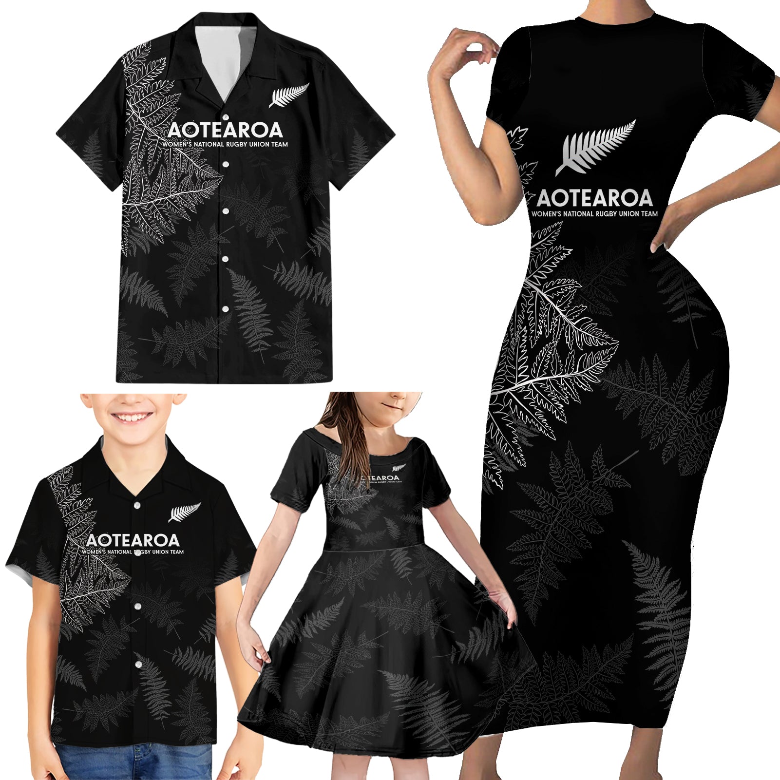 Custom New Zealand Haka Rugby Family Matching Short Sleeve Bodycon Dress and Hawaiian Shirt 2024 Pacific Go Black Silver Fern