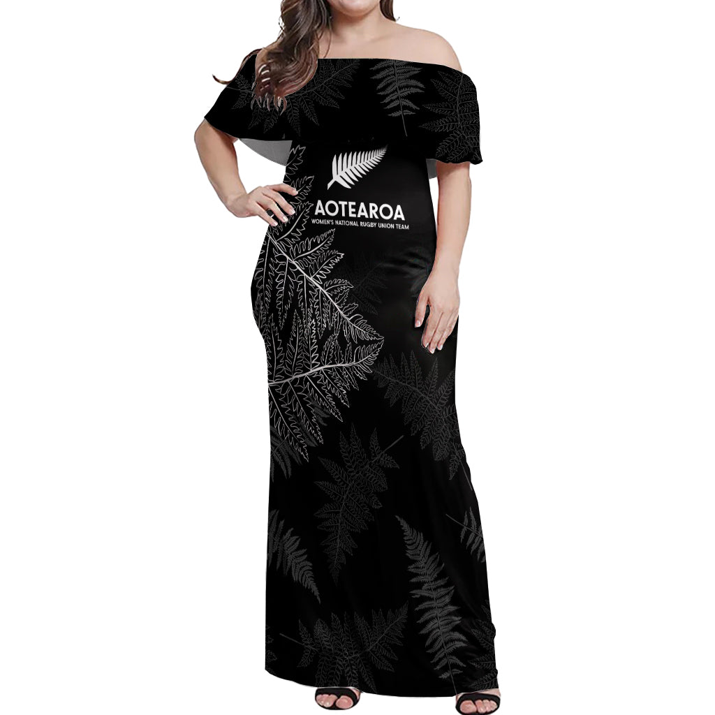 Custom New Zealand Haka Rugby Off Shoulder Maxi Dress 2024 Pacific Go Black Silver Fern