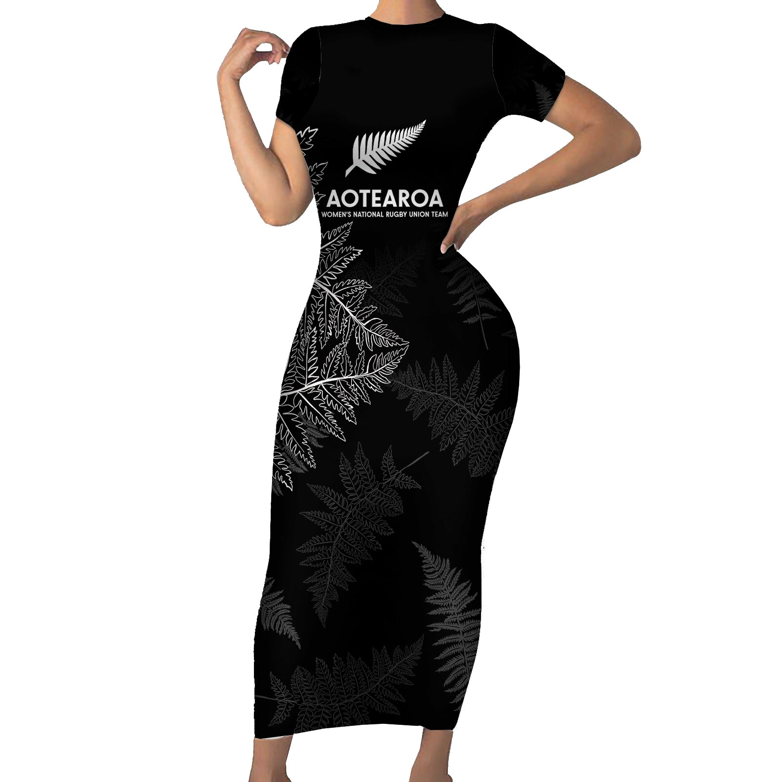 Custom New Zealand Haka Rugby Short Sleeve Bodycon Dress 2024 Pacific Go Black Silver Fern