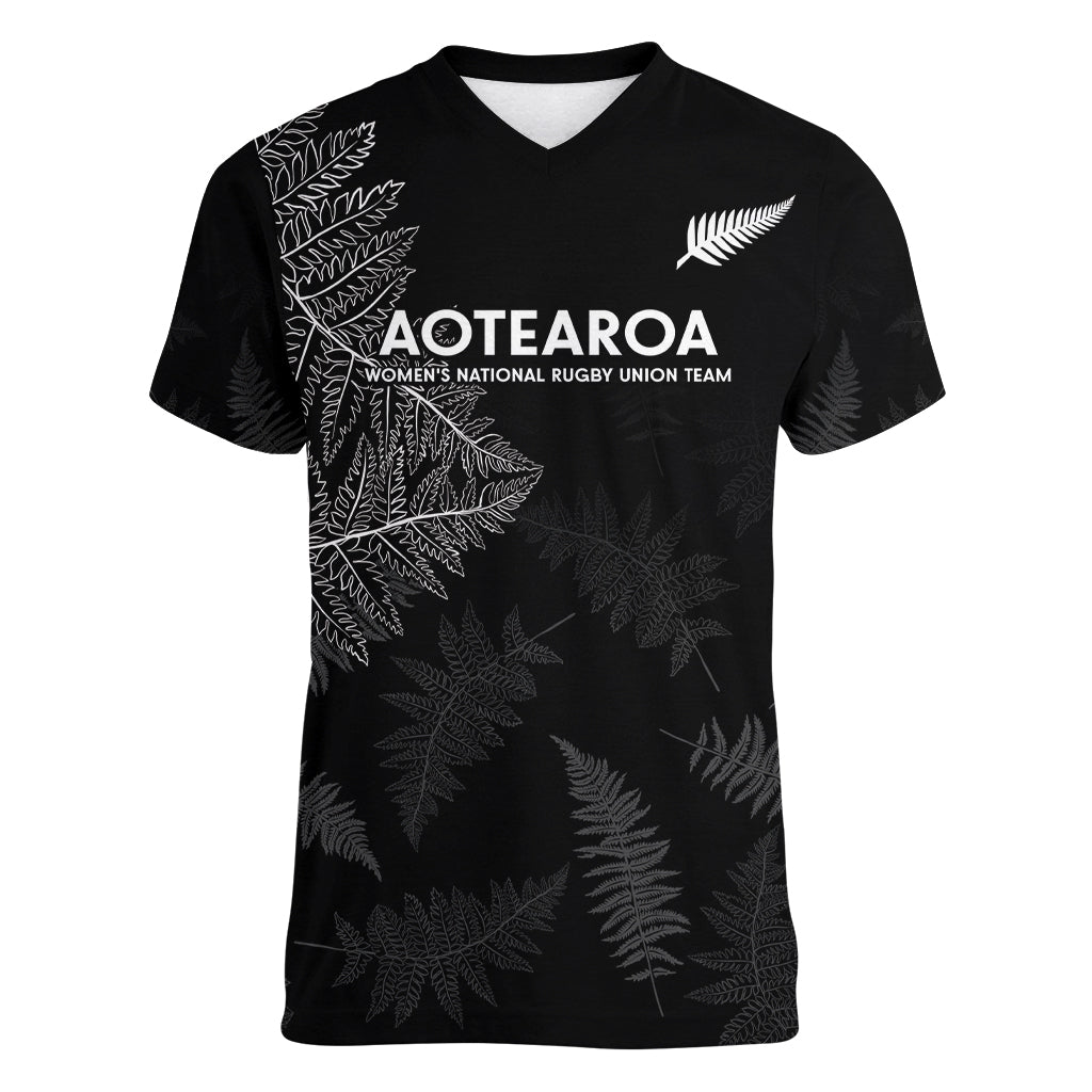 New Zealand Haka Rugby Women V Neck T Shirt 2024 Pacific Go Black Silver Fern - Vibe Hoodie Shop