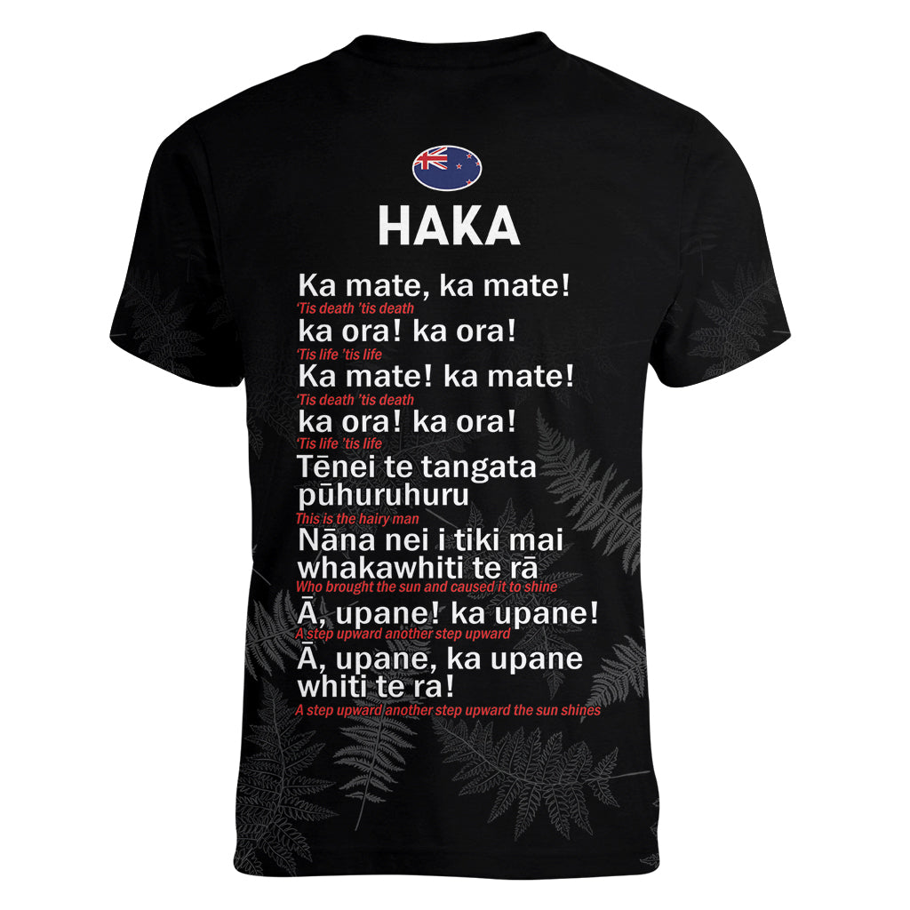 New Zealand Haka Rugby Women V Neck T Shirt 2024 Pacific Go Black Silver Fern - Vibe Hoodie Shop