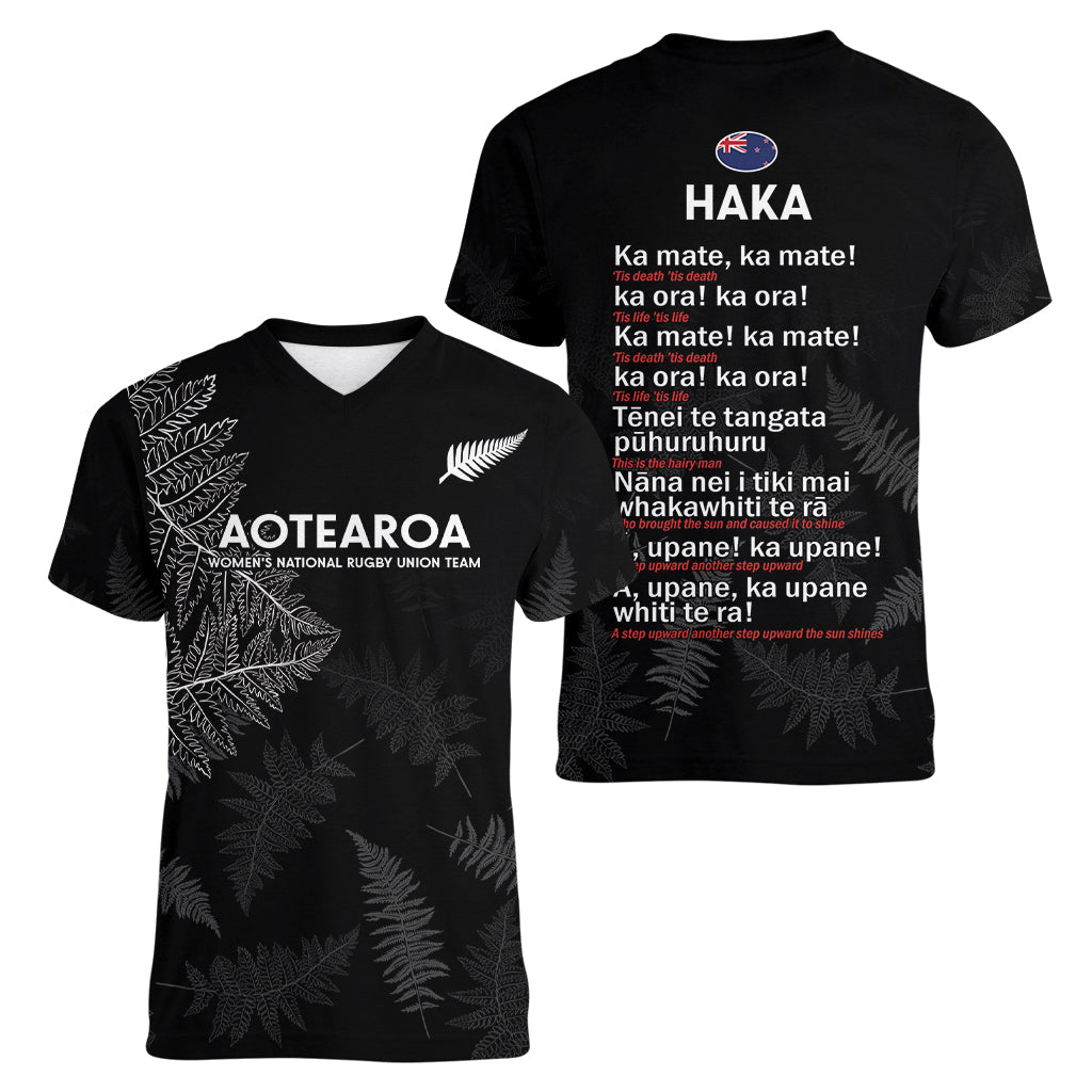 New Zealand Haka Rugby Women V Neck T Shirt 2024 Pacific Go Black Silver Fern - Vibe Hoodie Shop