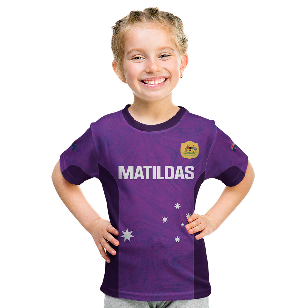 Custom Australia Soccer Kid T Shirt Matildas Go Champions - Purple - Vibe Hoodie Shop