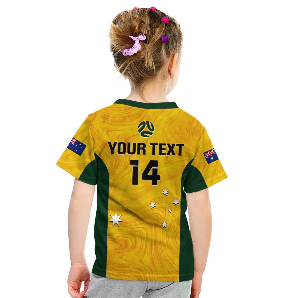 Personalised Australia Soccer Kid T Shirt Gold Matildas World Cup 2023 Go Champions - Vibe Hoodie Shop