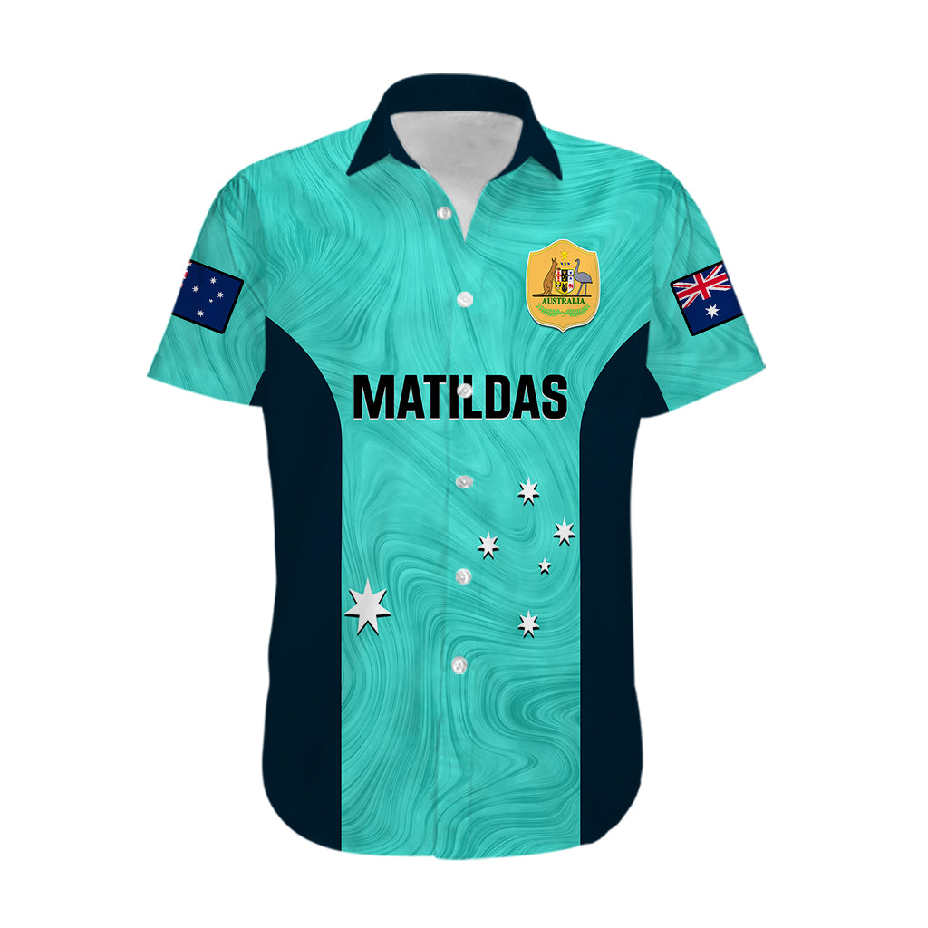 Personalised Australia Soccer Hawaiian Shirt Turquoise Matildas World Cup 2023 Go Champions - Vibe Hoodie Shop