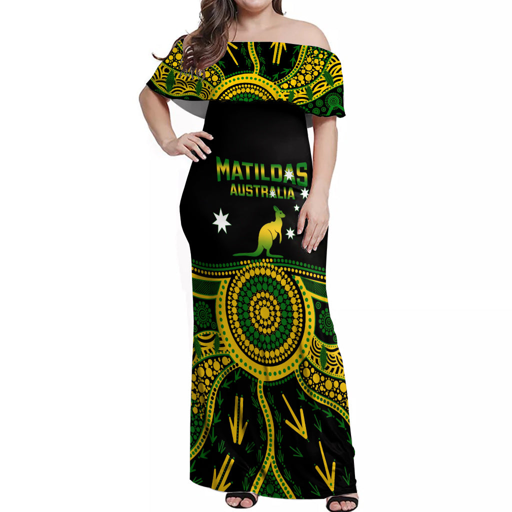 Australia Soccer Off Shoulder Maxi Dress Aboriginal Go Matildas 2023 World Cup - Vibe Hoodie Shop