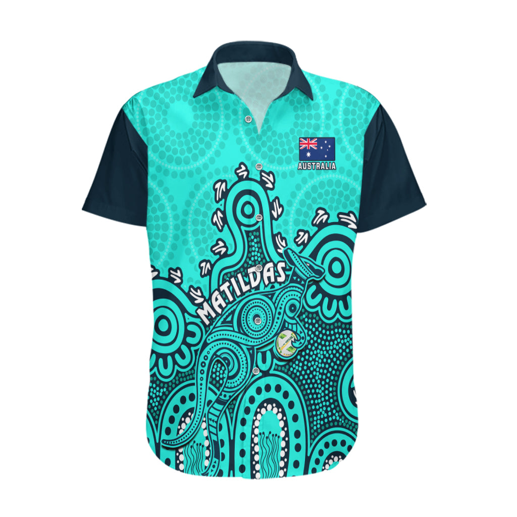 Personalised Australia Soccer Hawaiian Shirt Aboriginal Turquoise 2023 World Cup With Kangaroo - Vibe Hoodie Shop