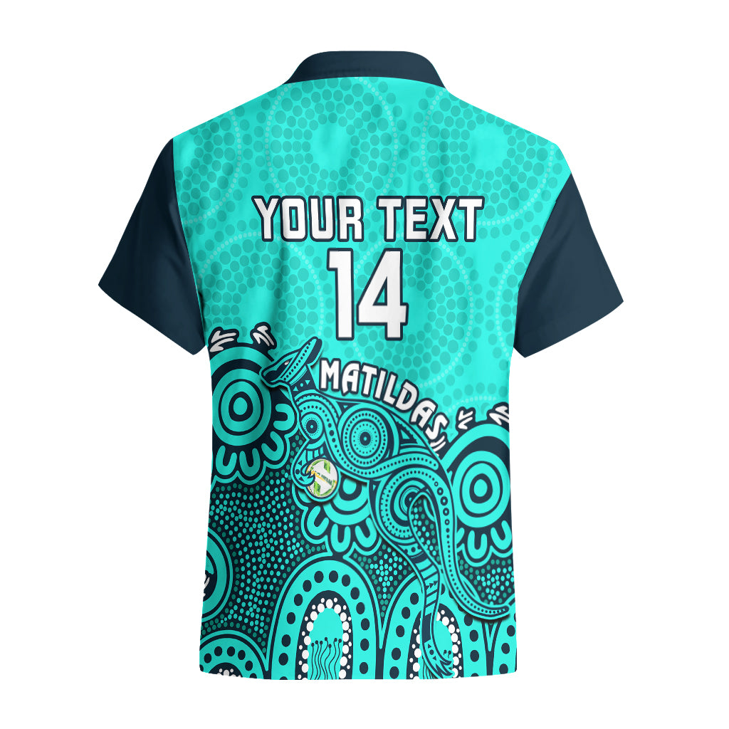Personalised Australia Soccer Hawaiian Shirt Aboriginal Turquoise 2023 World Cup With Kangaroo - Vibe Hoodie Shop