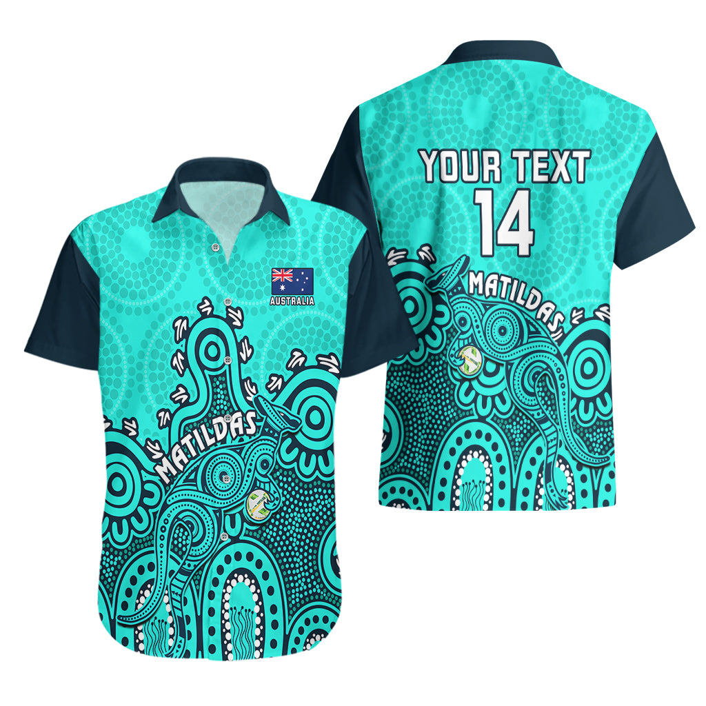 Personalised Australia Soccer Hawaiian Shirt Aboriginal Turquoise 2023 World Cup With Kangaroo - Vibe Hoodie Shop