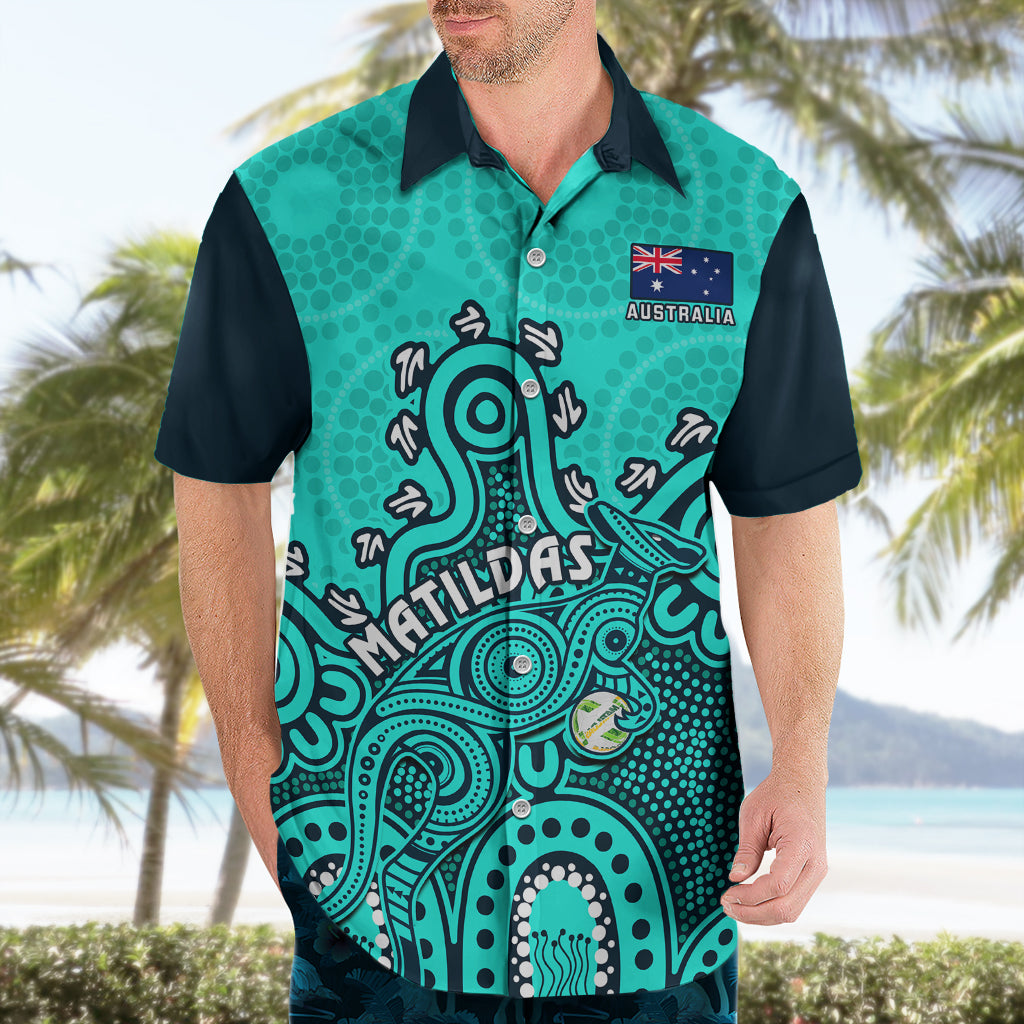 Personalised Australia Soccer Hawaiian Shirt Aboriginal Turquoise 2023 World Cup With Kangaroo - Vibe Hoodie Shop