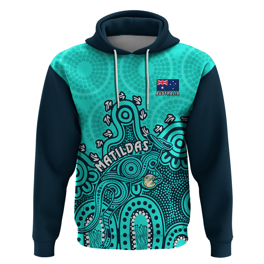 Personalised Australia Soccer Hoodie Aboriginal Turquoise 2023 World Cup With Kangaroo - Vibe Hoodie Shop