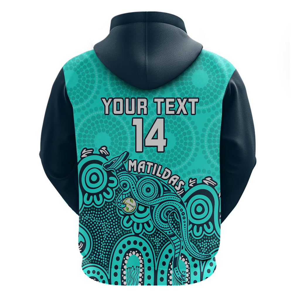 Personalised Australia Soccer Hoodie Aboriginal Turquoise 2023 World Cup With Kangaroo - Vibe Hoodie Shop