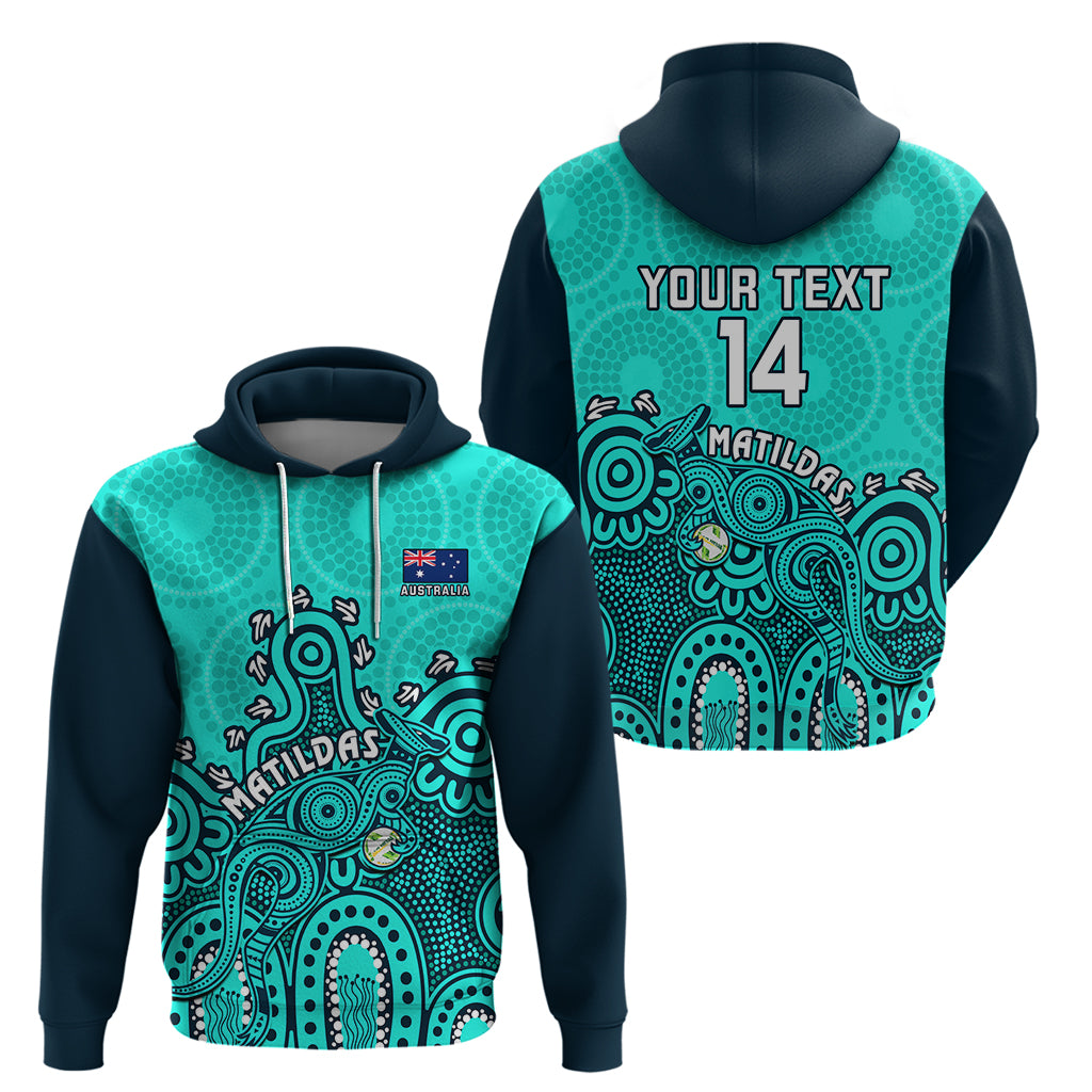 Personalised Australia Soccer Hoodie Aboriginal Turquoise 2023 World Cup With Kangaroo - Vibe Hoodie Shop