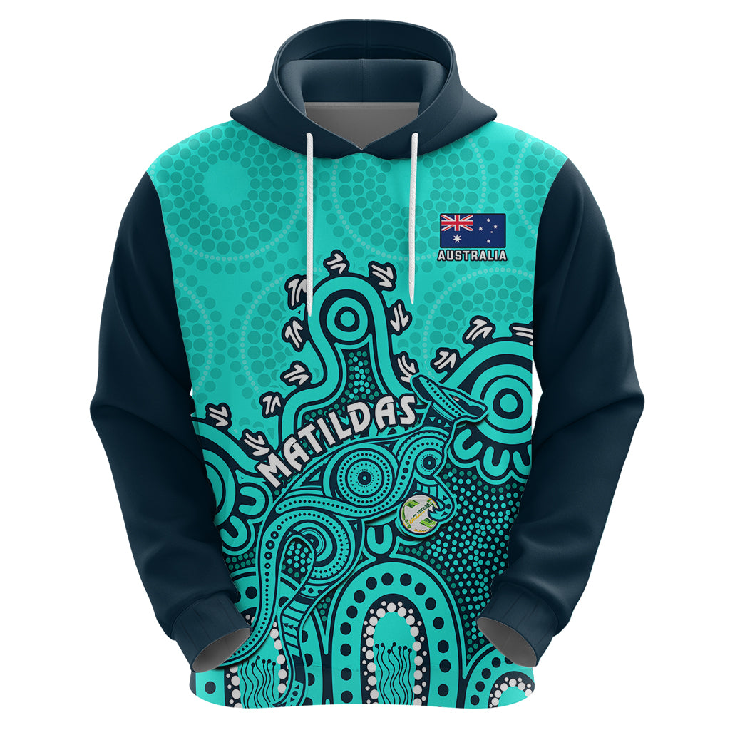 Personalised Australia Soccer Hoodie Aboriginal Turquoise 2023 World Cup With Kangaroo - Vibe Hoodie Shop