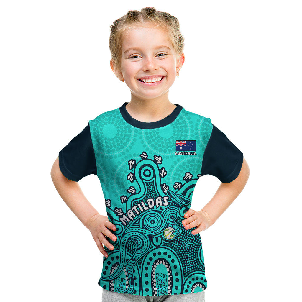 Personalised Australia Soccer Kid T Shirt Aboriginal Turquoise 2023 World Cup With Kangaroo - Vibe Hoodie Shop