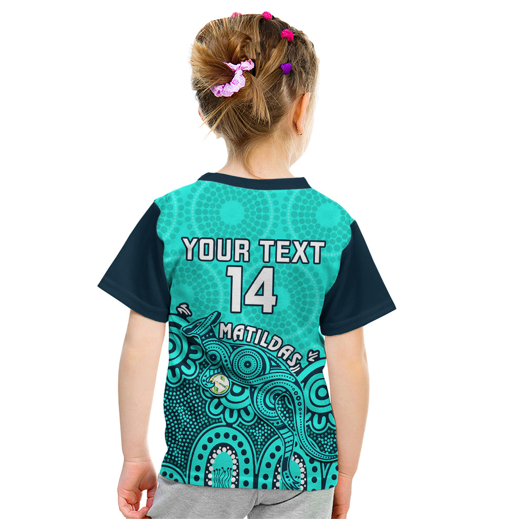 Personalised Australia Soccer Kid T Shirt Aboriginal Turquoise 2023 World Cup With Kangaroo - Vibe Hoodie Shop