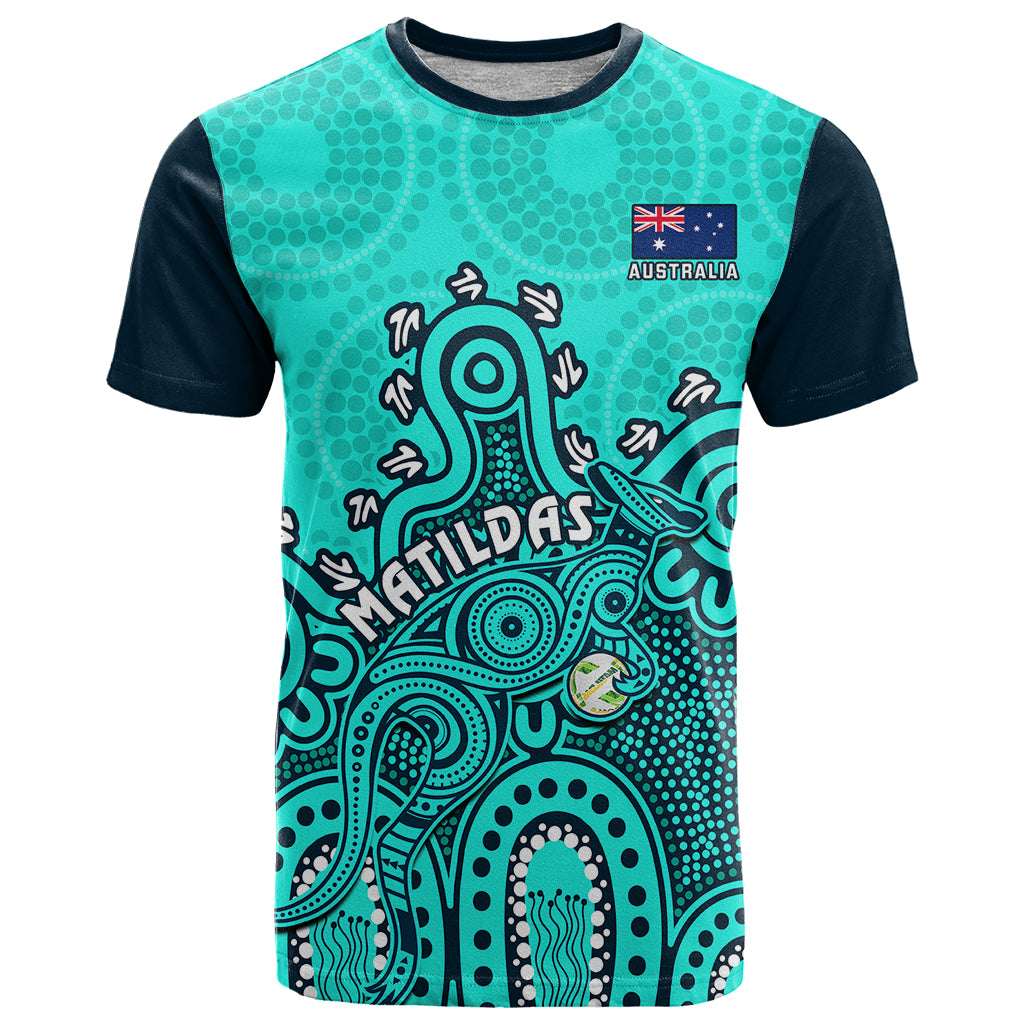 Personalised Australia Soccer T Shirt Aboriginal Turquoise 2023 World Cup With Kangaroo - Vibe Hoodie Shop