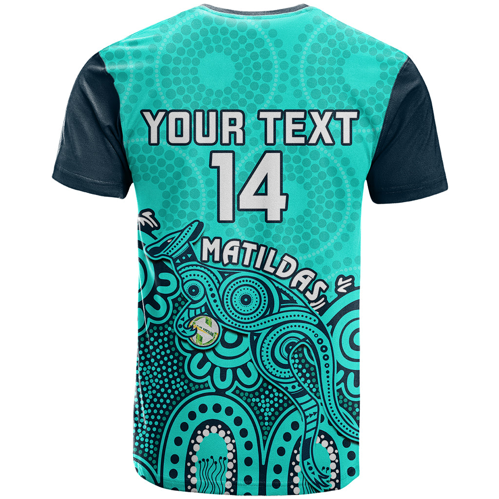 Personalised Australia Soccer T Shirt Aboriginal Turquoise 2023 World Cup With Kangaroo - Vibe Hoodie Shop