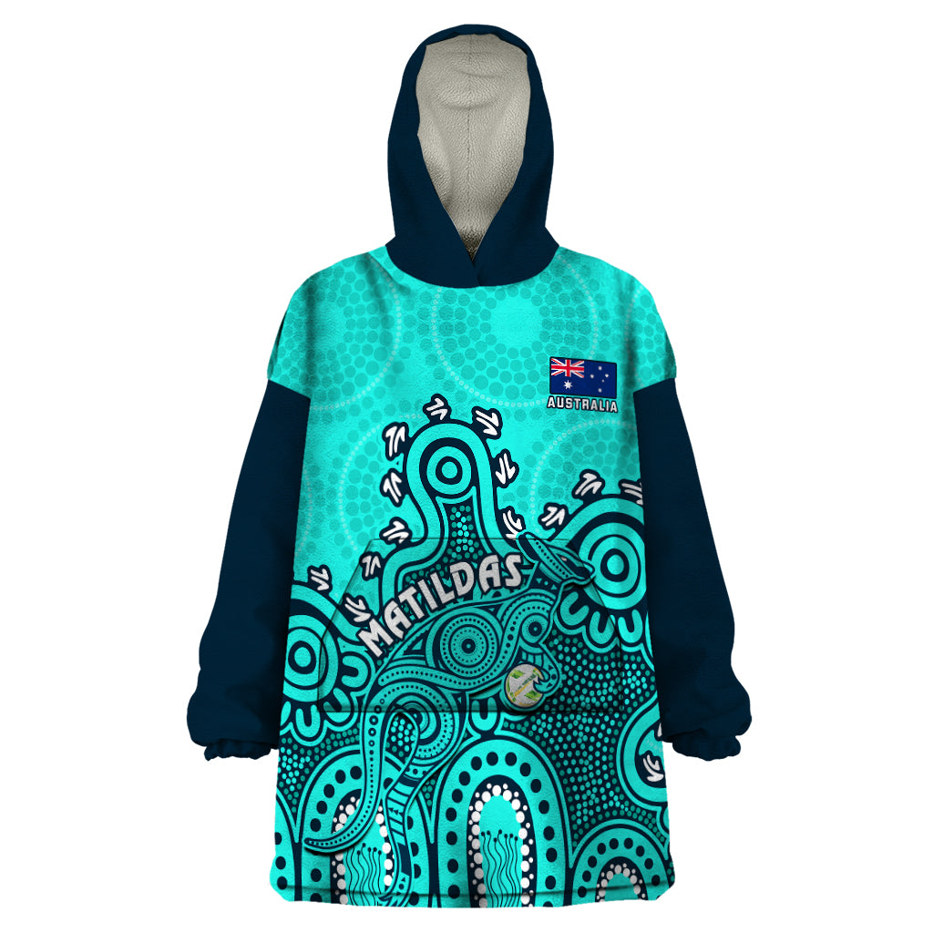 Personalised Australia Soccer Wearable Blanket Hoodie Aboriginal Turquoise 2023 World Cup With Kangaroo - Vibe Hoodie Shop