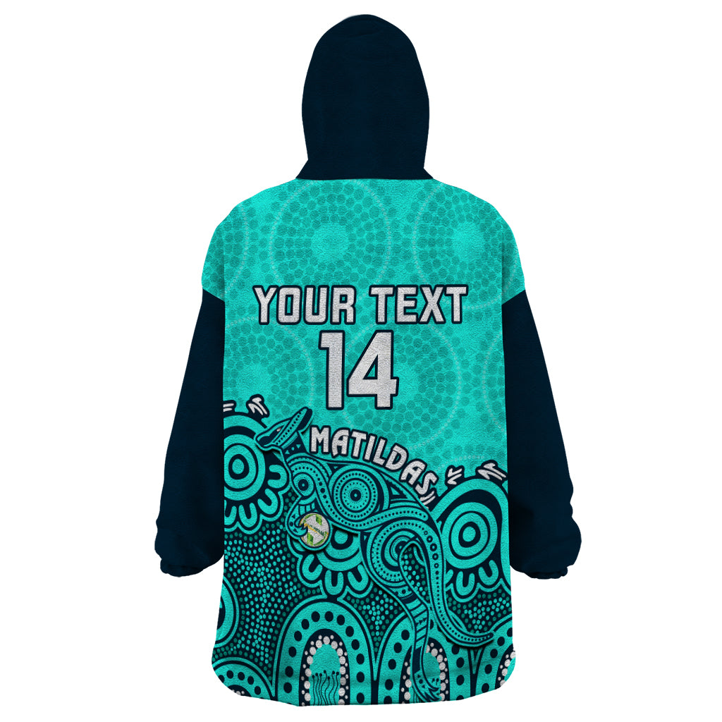 Personalised Australia Soccer Wearable Blanket Hoodie Aboriginal Turquoise 2023 World Cup With Kangaroo - Vibe Hoodie Shop